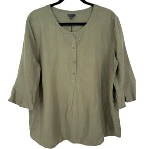 Ann Taylor Linen Blend Button Front 3/4‎ Ruffle Sleeve Blouse Top Green Size XL